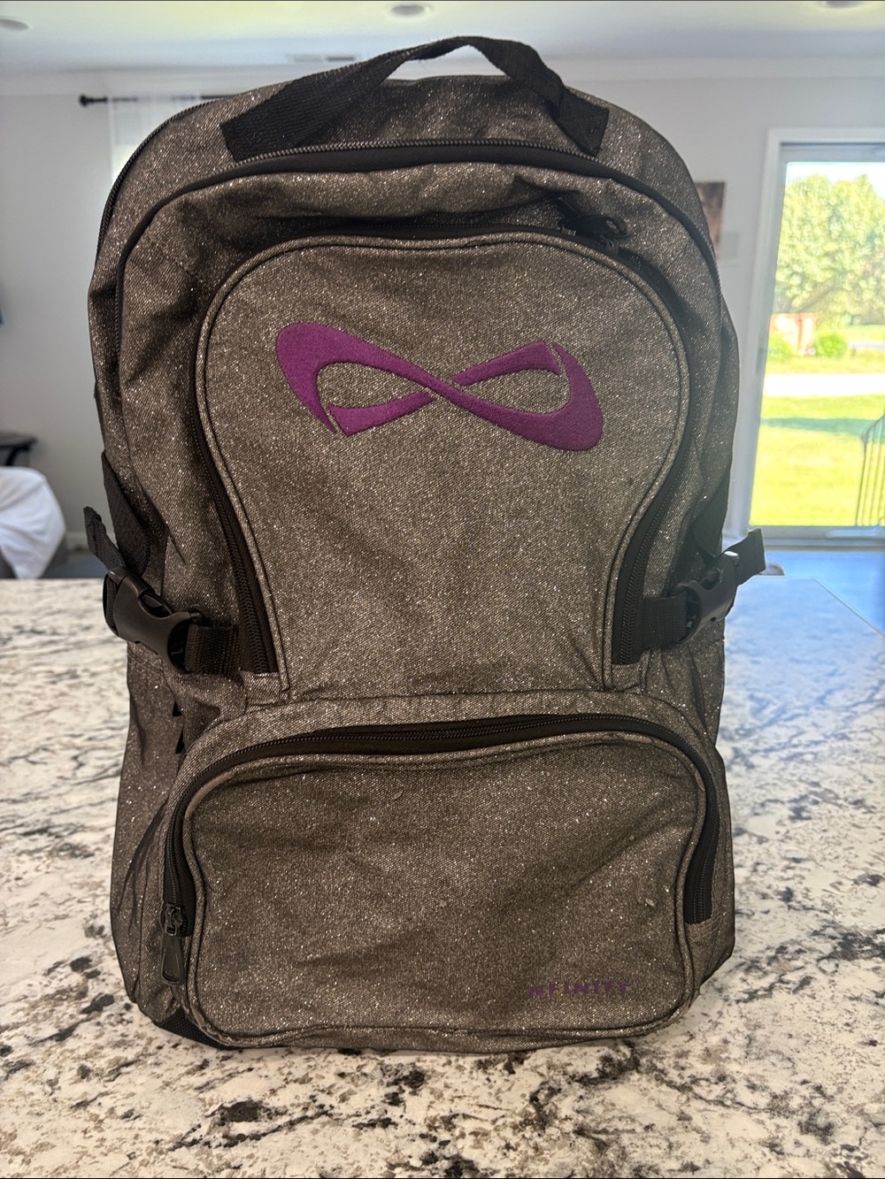 NFINITY Sparkle Gray Backpack with Purple Logo